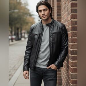 GUESS Men’s Genuine Black Leather Moto Racer Jacket - Size Large